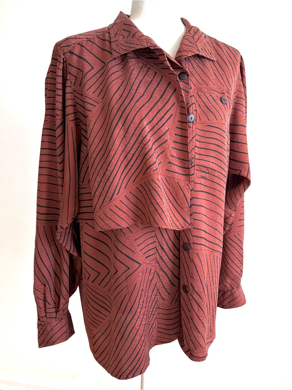 VTG Aseret Pure Silk Geometric Asymmetric Flap Blouse, Brown Black Size 6